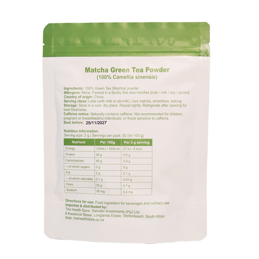 VitaLuma Organic Matcha Green Tea Powder pouch back label