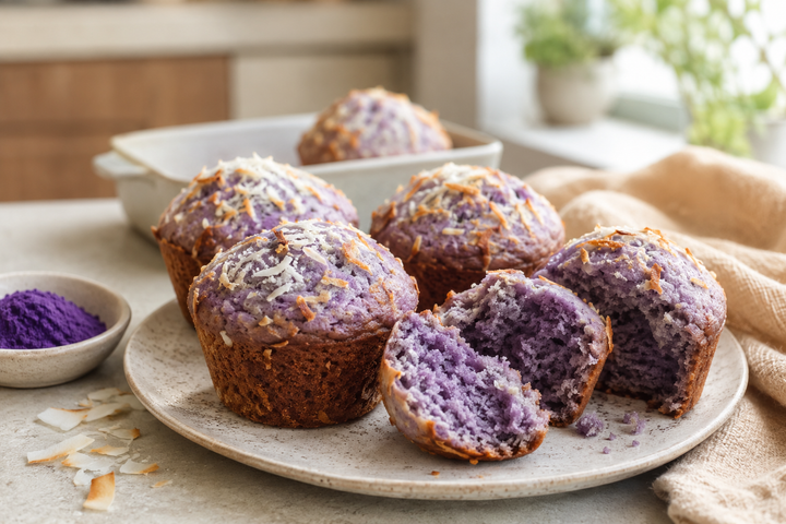 Baked ube and coconut muffins with a naturally purple crumb