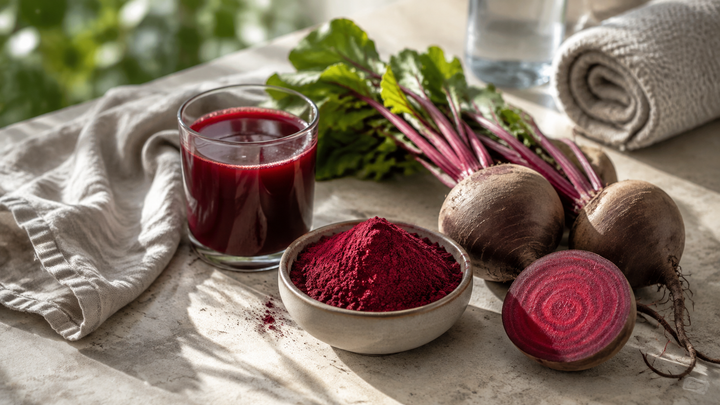 Beetroot powder with fresh beetroots and a ruby beet drink in spring morning light