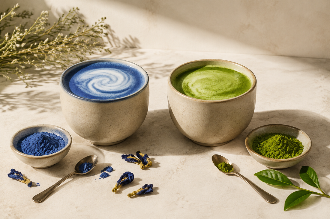 Blue matcha and green matcha drinks with their powders shown side by side