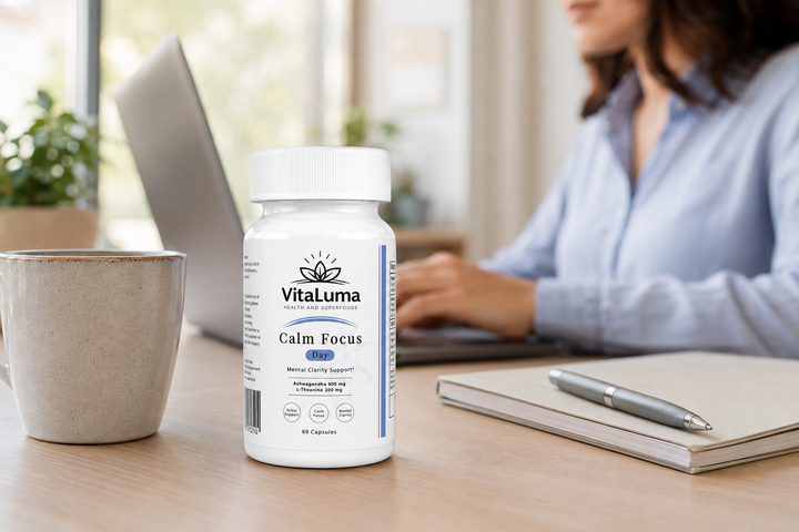 VitaLuma Calm Focus Day supplement in a calm morning work routine