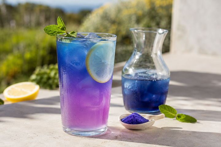 Cape citrus blue matcha lemonade changing from blue to violet with lemon