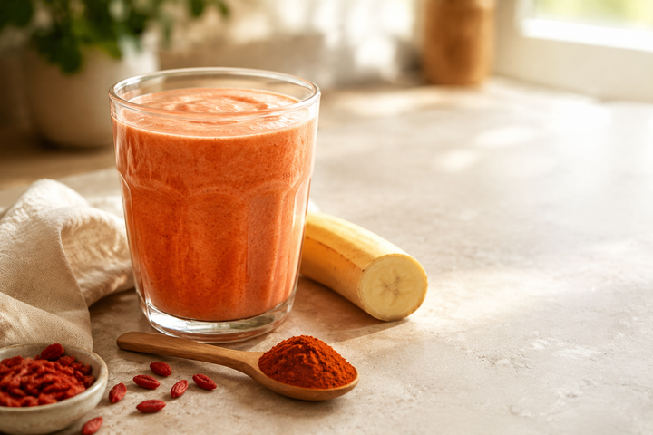 Creamy goji berry breakfast smoothie with banana and goji berry powder