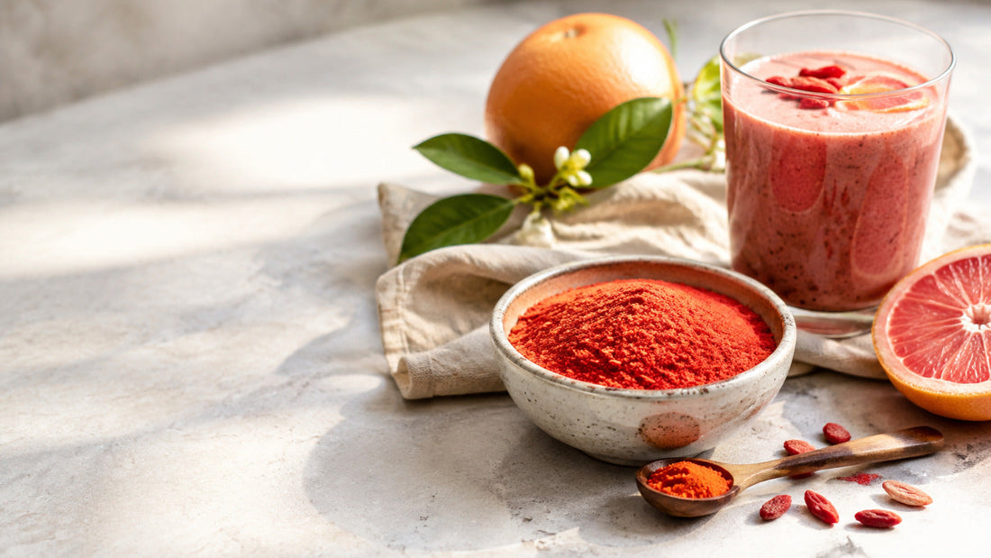 Goji berry powder in a ceramic bowl beside dried goji berries, citrus and a berry smoothie