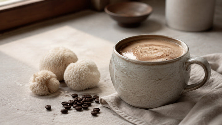 Creamy lion’s mane mushroom coffee with fresh lion’s mane mushrooms and coffee beans