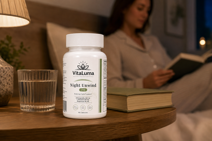 VitaLuma Night Unwind supplement beside a nighttime reading routine