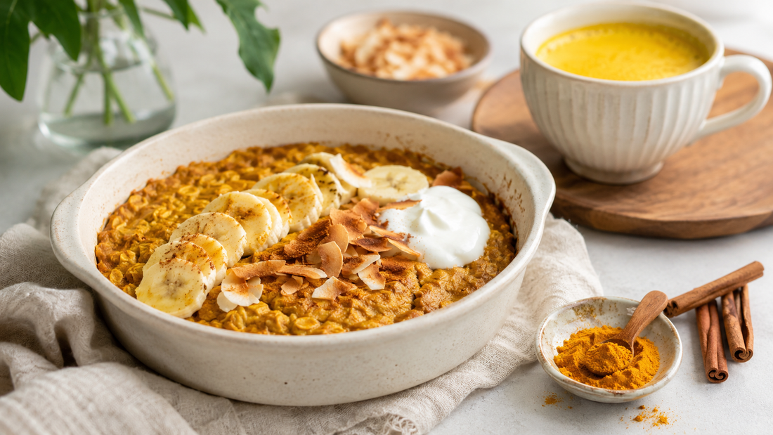Golden turmeric latte baked oats with banana, coconut and yoghurt