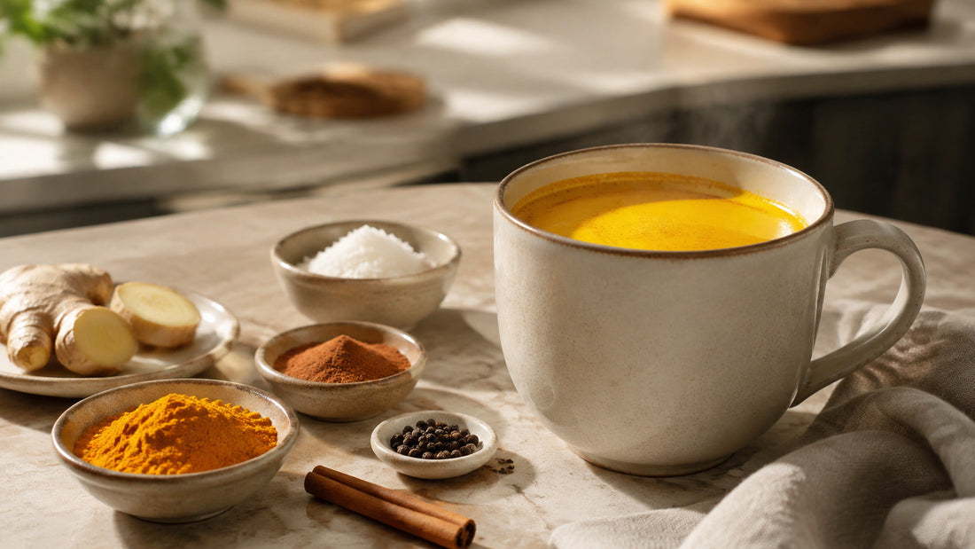 Golden turmeric latte with turmeric, ginger, cinnamon, black pepper and coconut milk powder