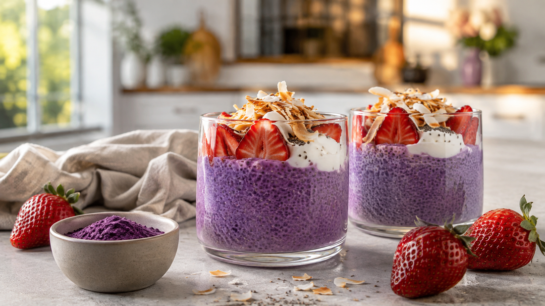 Two purple ube coconut chia puddings topped with strawberries and toasted coconut