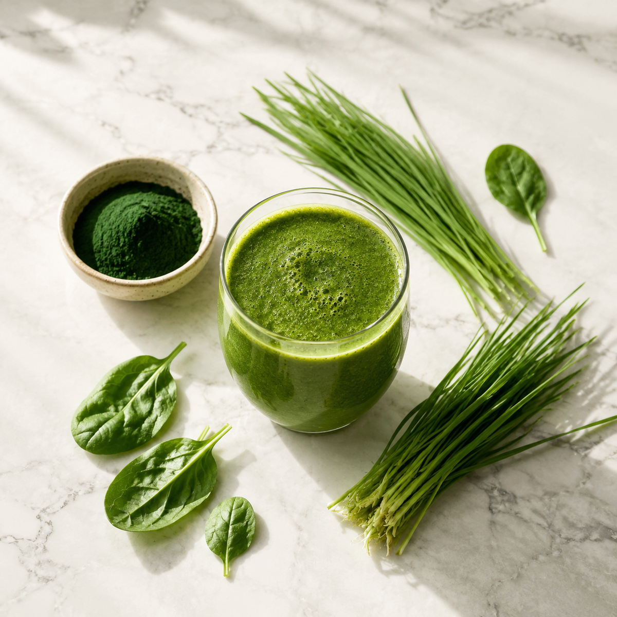 VitaLuma Daily Greens collection with green smoothie and grass powders