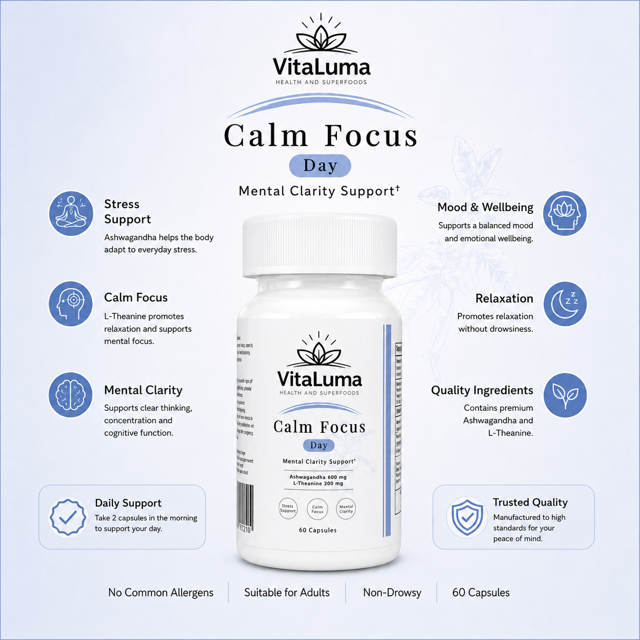 Calm Focus (Day) KSM-66 Ashwagandha & L-Theanine - 60 Capsules