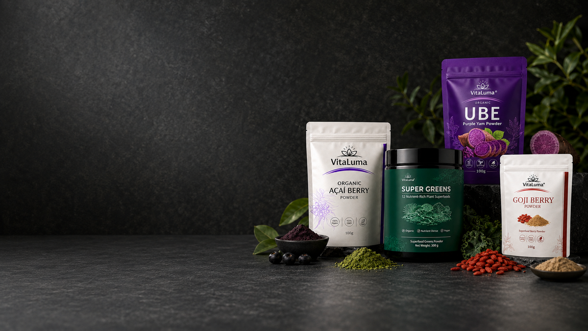 VitaLuma Super Greens, acai, ube and goji superfood powders