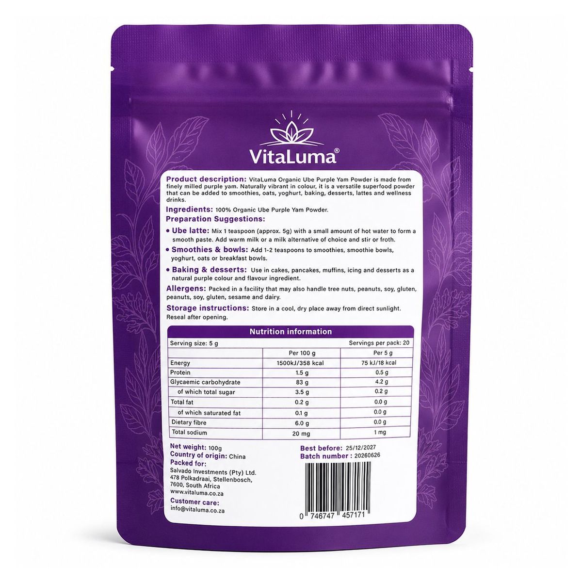 VitaLuma Organic Ube Purple Yam Powder 100g - image 2