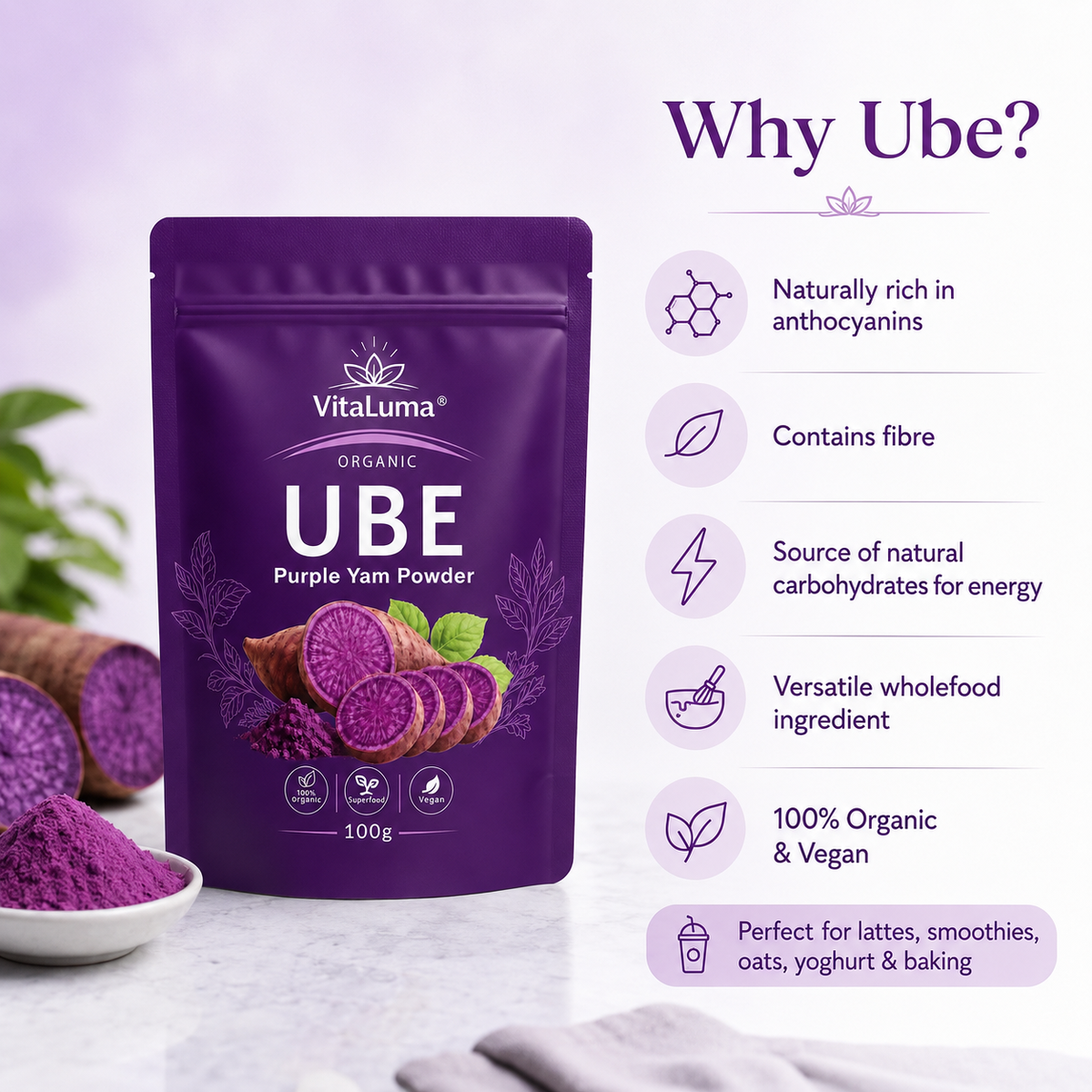 VitaLuma Organic Ube Purple Yam Powder 100g - image 3