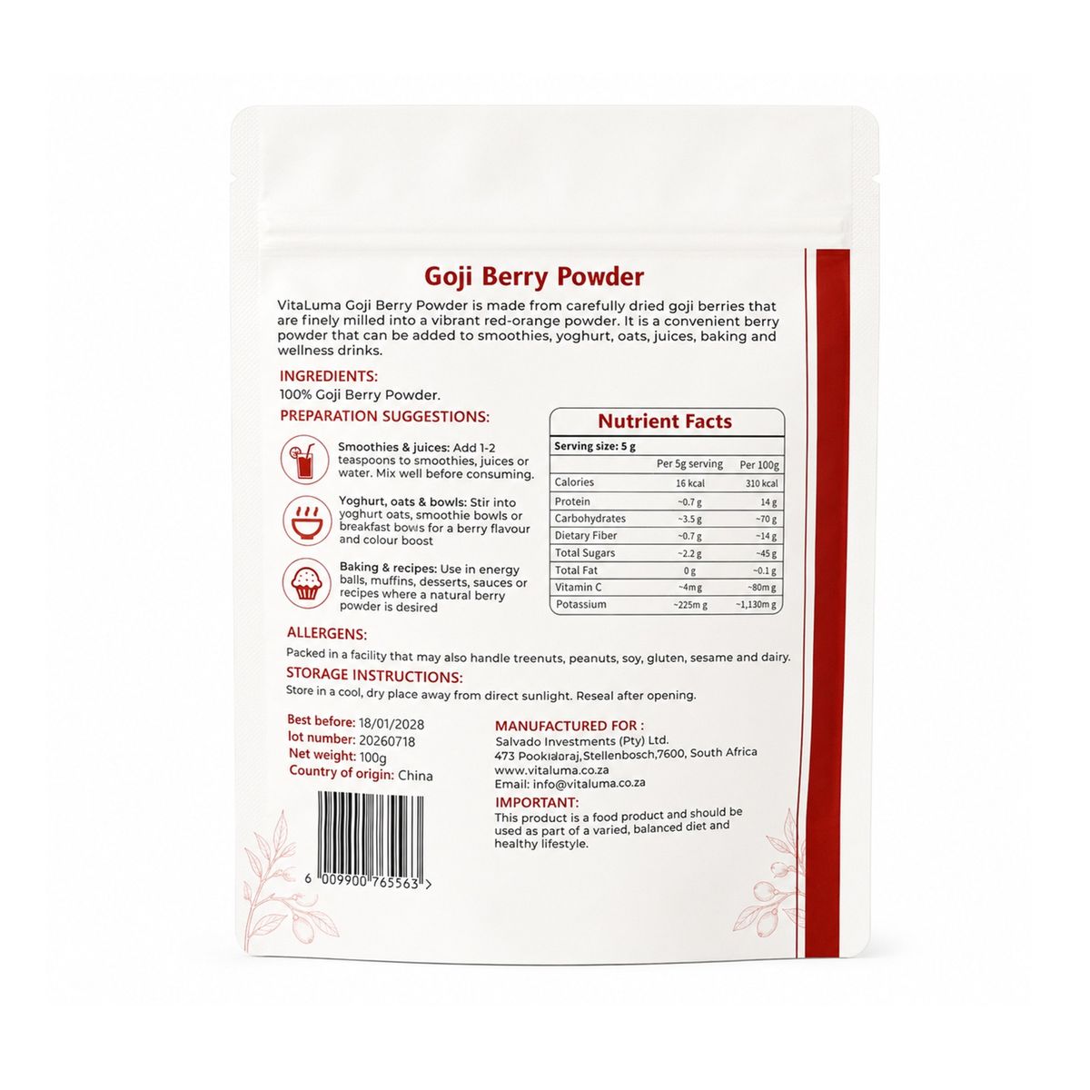 VitaLuma Pure Goji Berry Powder 100g - image 3